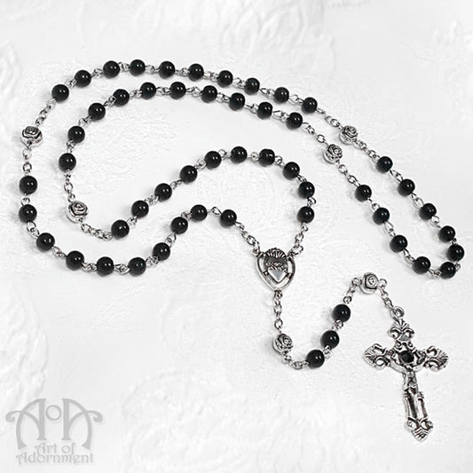 Nocturne Black Glass Beaded Rosary Necklace