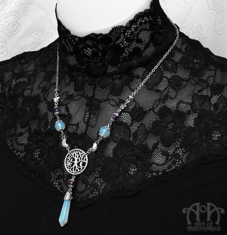 Cosmic Tree Amethyst & Opal Beaded Pendant Necklace