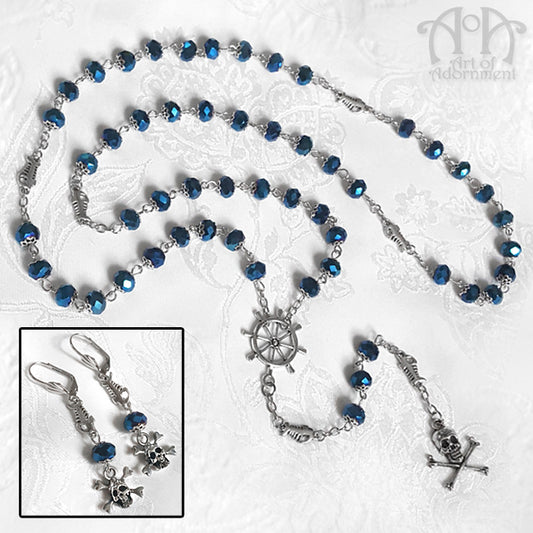 Pirate Skull Blue Crystal Necklace & Earrings Set