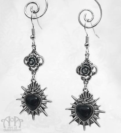 Rose & Thorn Spiked Dark Sacred Heart Earrings