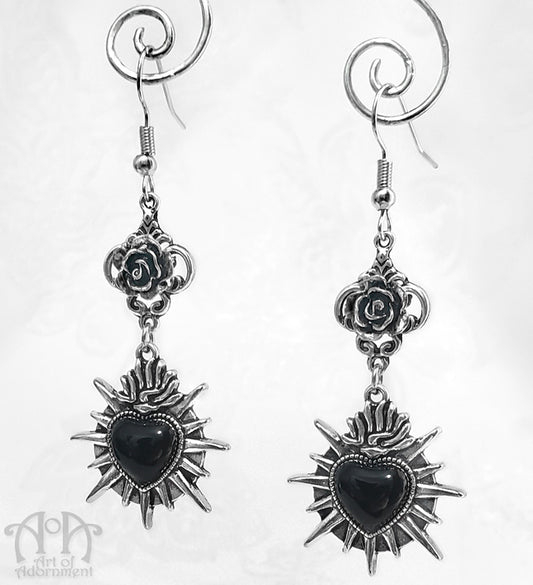 Rose & Thorn Spiked Dark Sacred Heart Earrings