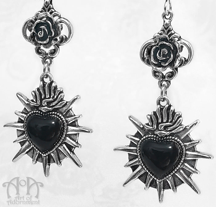 Rose & Thorn Spiked Dark Sacred Heart Earrings