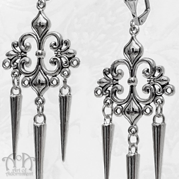 Argenta Gothic Spiked Fleur-De-Lis Chandelier Earrings