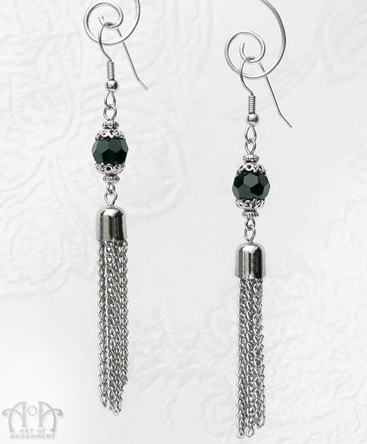 Nocturne Black 1920's Flapper Chain Tassel Earrings