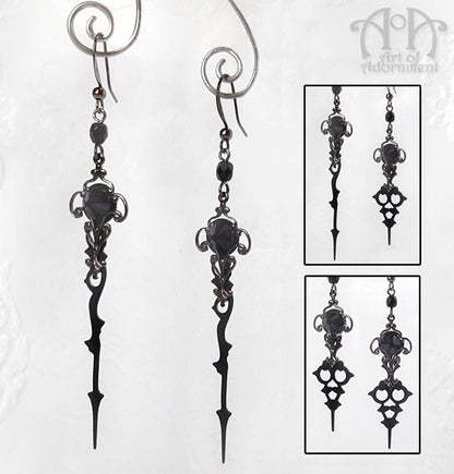 Steampunk Gunmetal Black Crystal Clock Hand Earrings