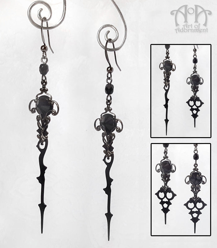 Steampunk Gunmetal Black Crystal Clock Hand Earrings