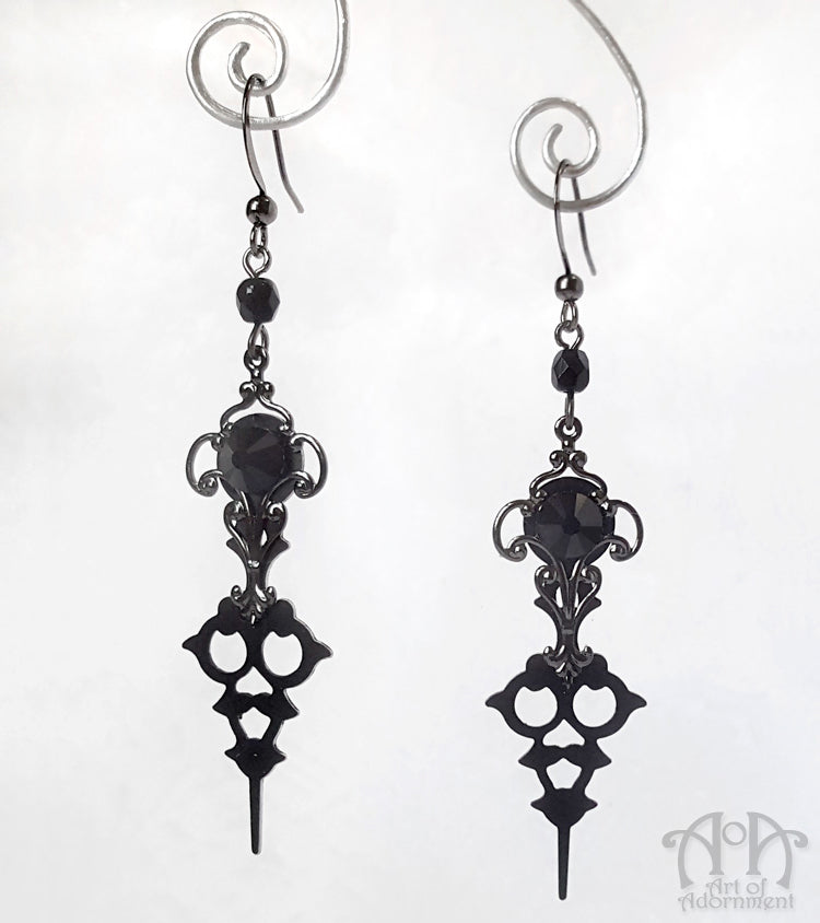 Steampunk Gunmetal Black Crystal Clock Hand Earrings