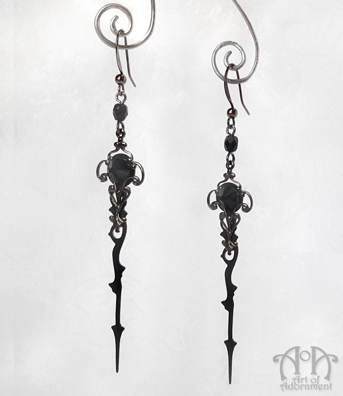 Steampunk Gunmetal Black Crystal Clock Hand Earrings