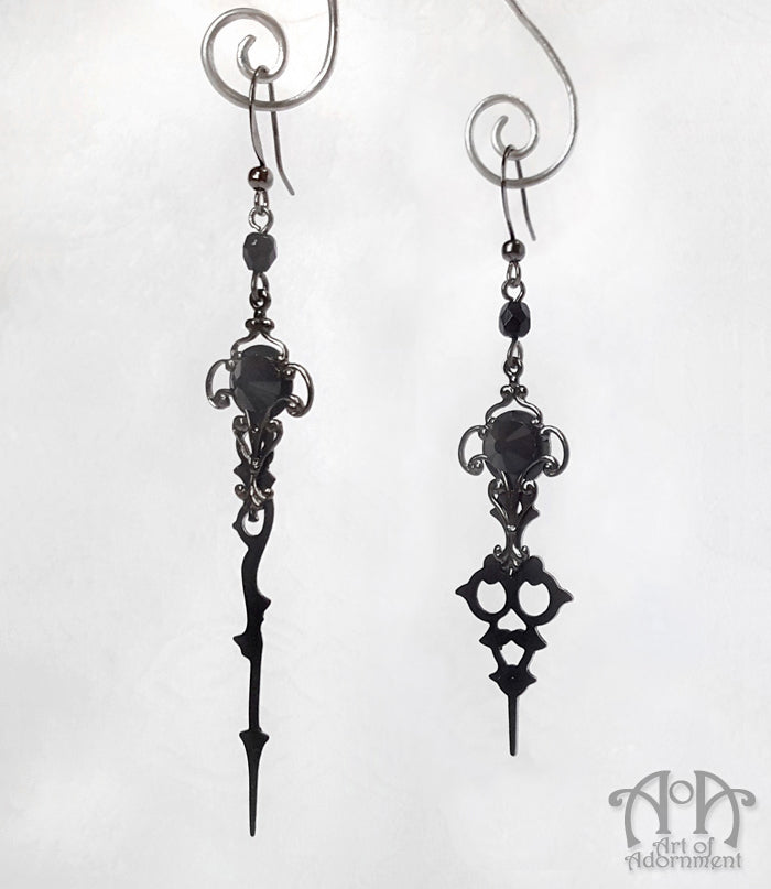 Steampunk Gunmetal Black Crystal Clock Hand Earrings