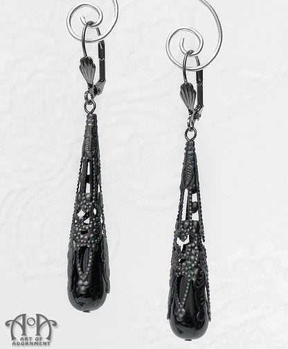 Gothic Gunmetal Filigree Black Teardrop Earrings