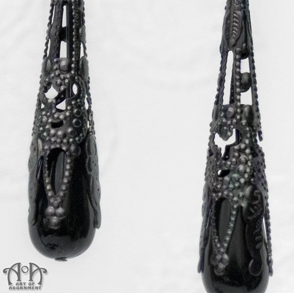 Gothic Gunmetal Filigree Black Teardrop Earrings