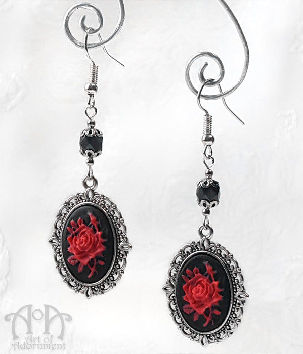 Sanguinari Red & Black Gothic Rose Cameo Earrings