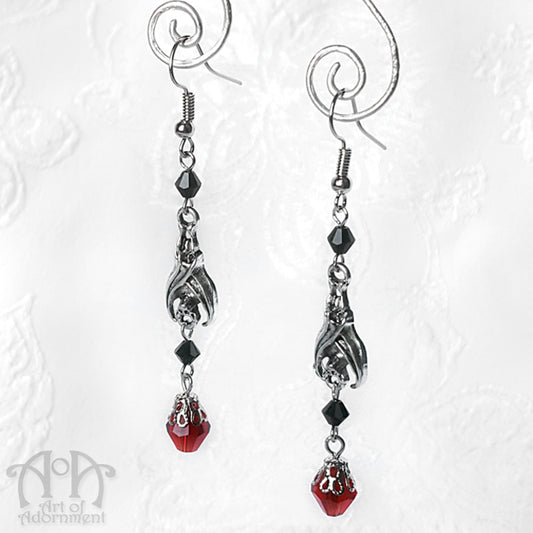 Sanguinari Sleepy Bat Black & Red Crystal Beaded Earrings