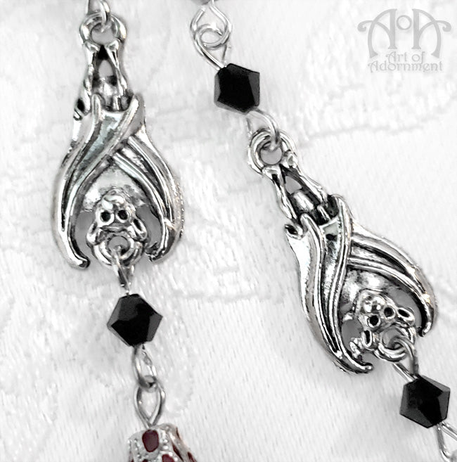 Sanguinari Sleepy Bat Black & Red Crystal Beaded Earrings