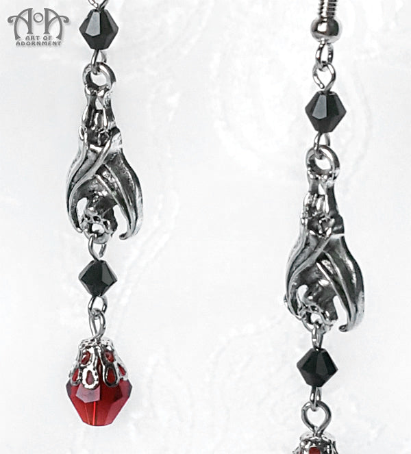 Sanguinari Sleepy Bat Black & Red Crystal Beaded Earrings