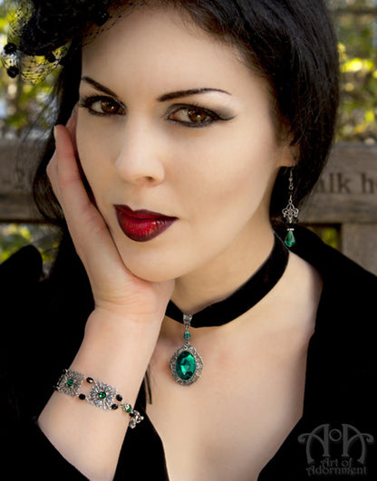 Sylvannia Green Crystal Black Velvet Pendant Choker Necklace