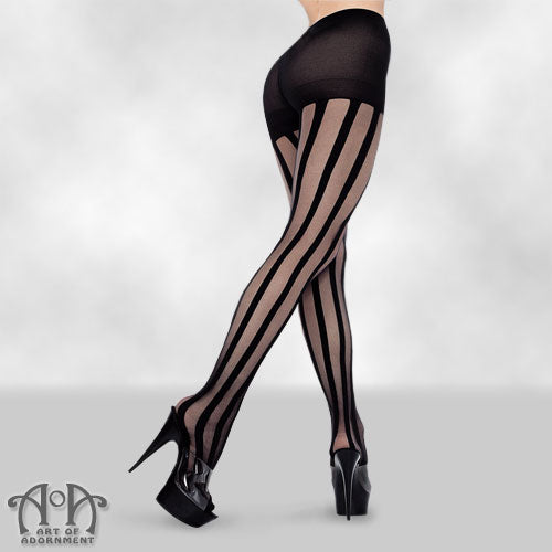 Nude Sheer Thigh High Stockings With Vertical Stripes And Bows